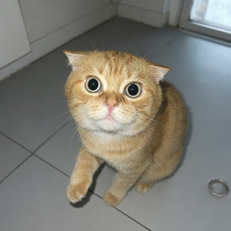 Babump, a round-faced orange tabby staring at the camera with huge startled eyes